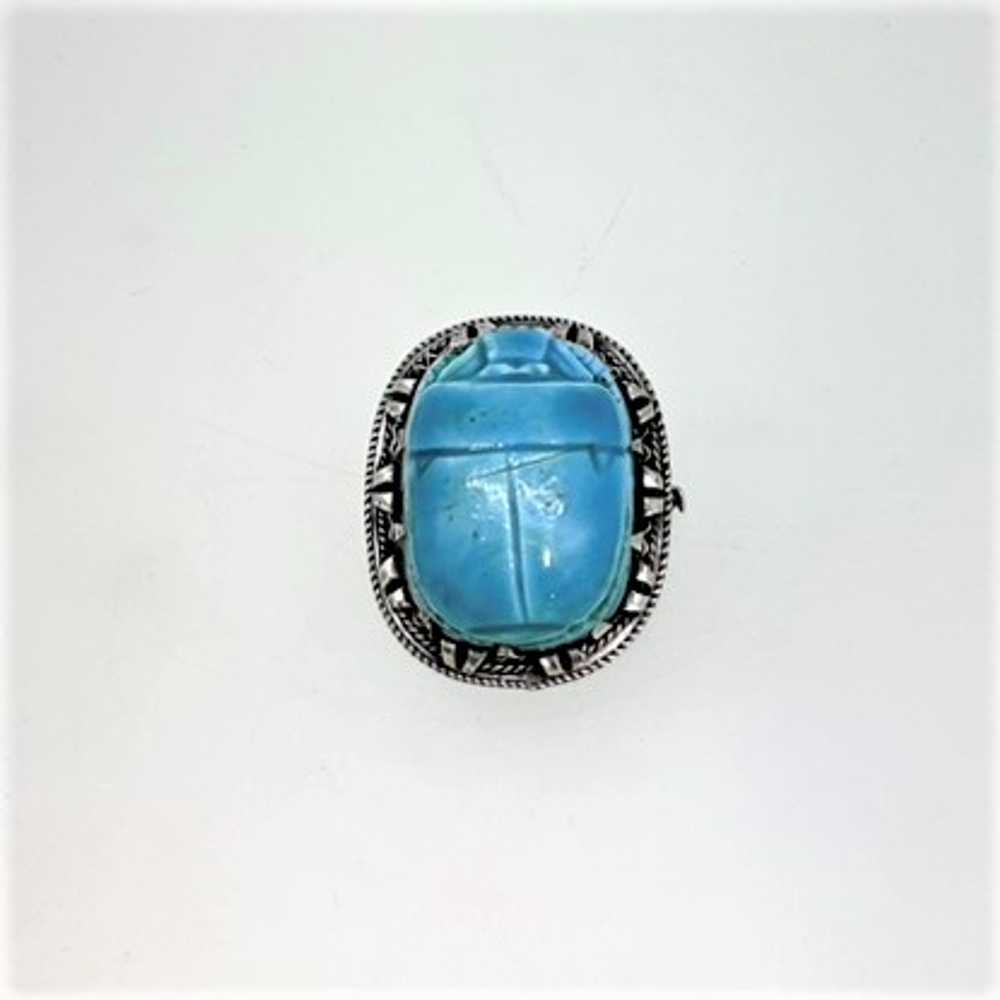 Antique Egyptian Turquoise Scarab With Sterling S… - image 2