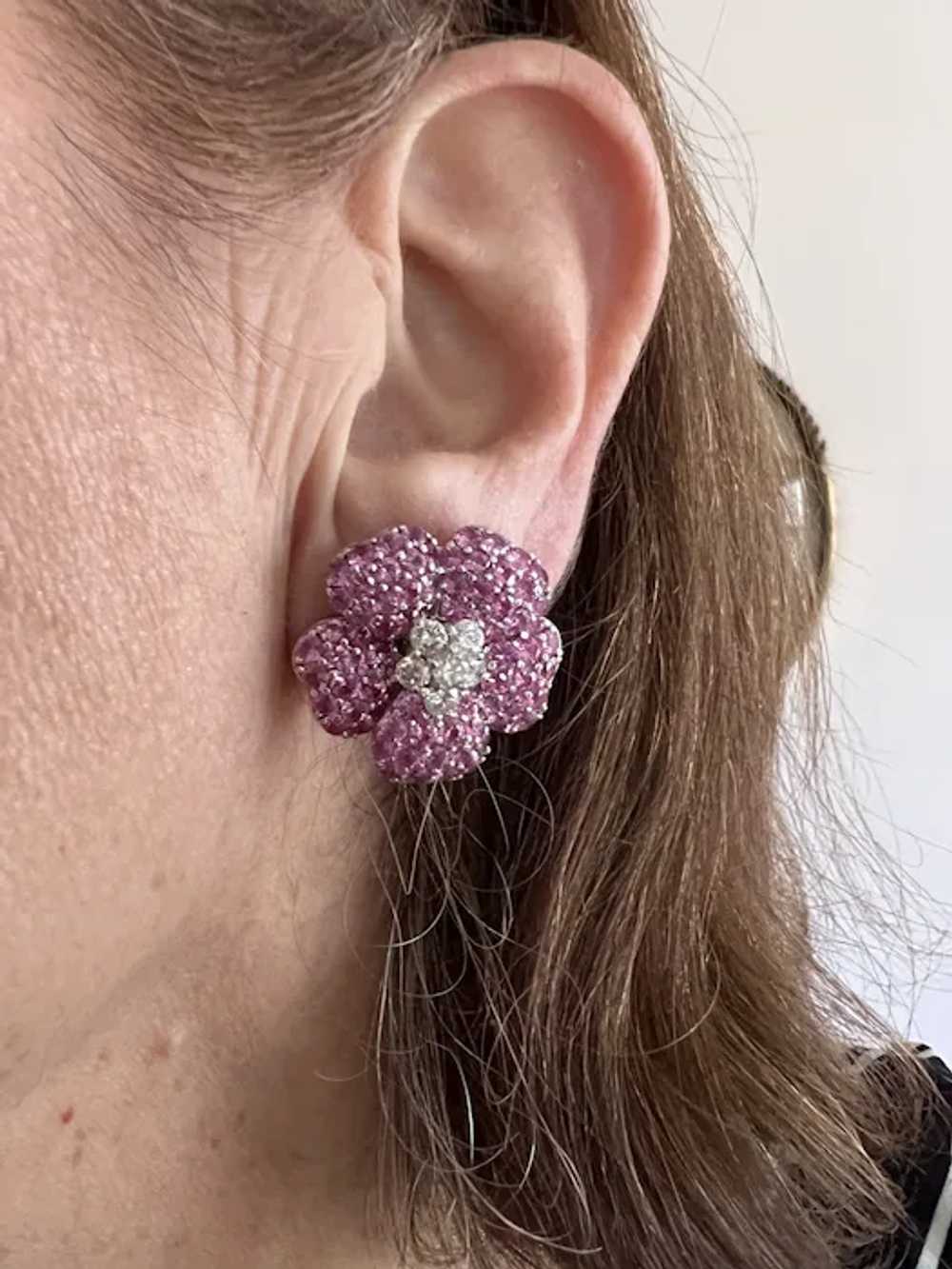 Platinum Pink Sapphire and Diamond Flower Earrings - image 2