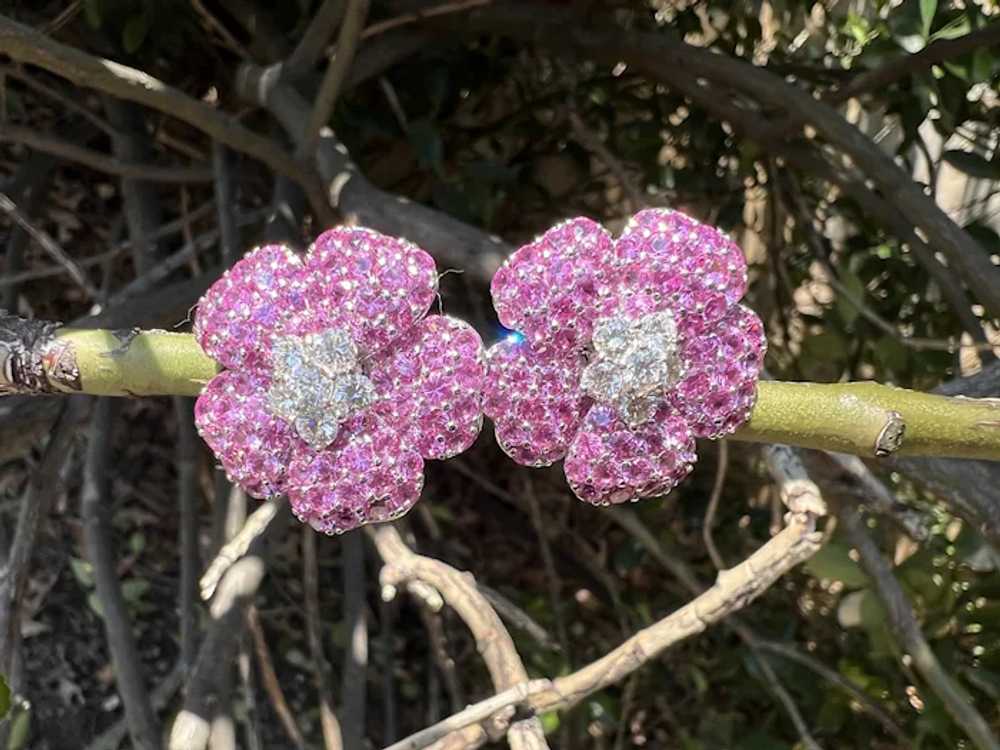 Platinum Pink Sapphire and Diamond Flower Earrings - image 3