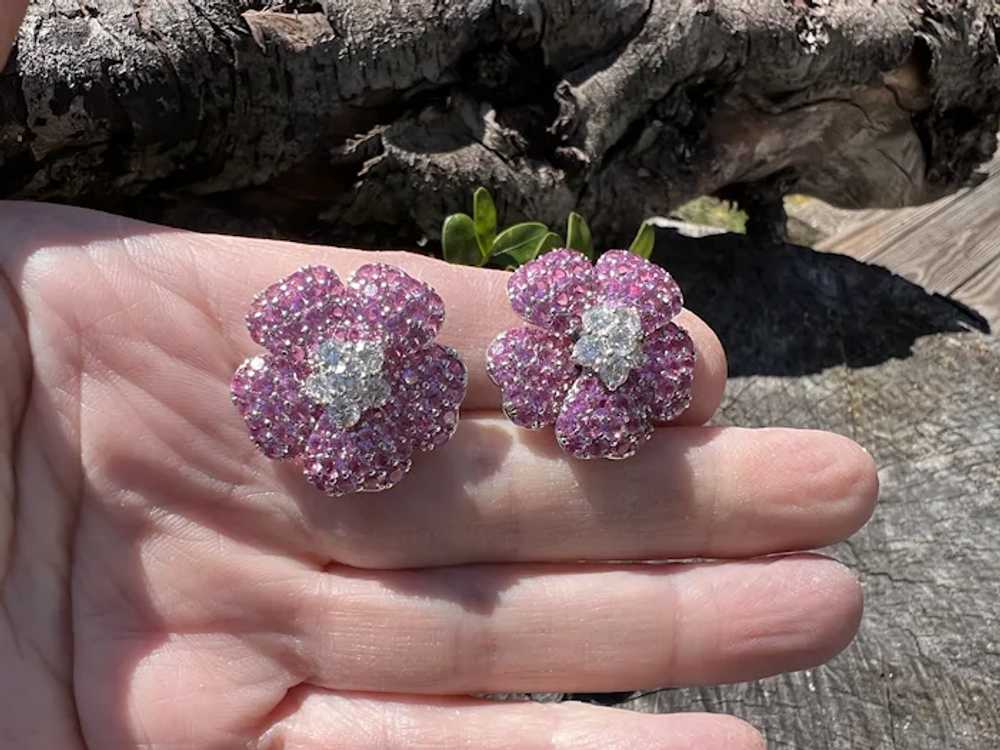 Platinum Pink Sapphire and Diamond Flower Earrings - image 4