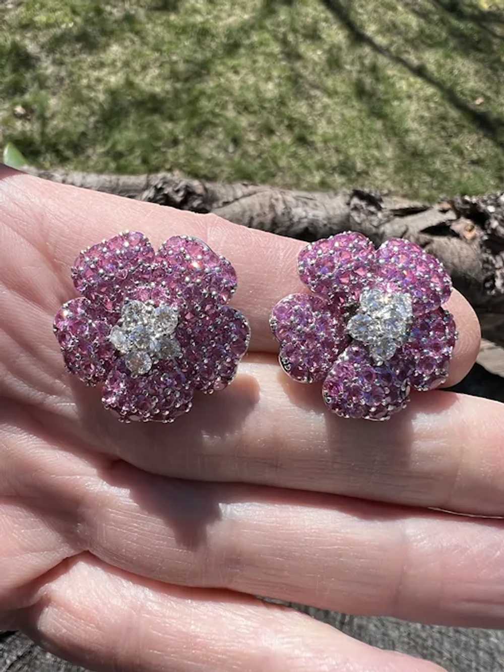Platinum Pink Sapphire and Diamond Flower Earrings - image 6