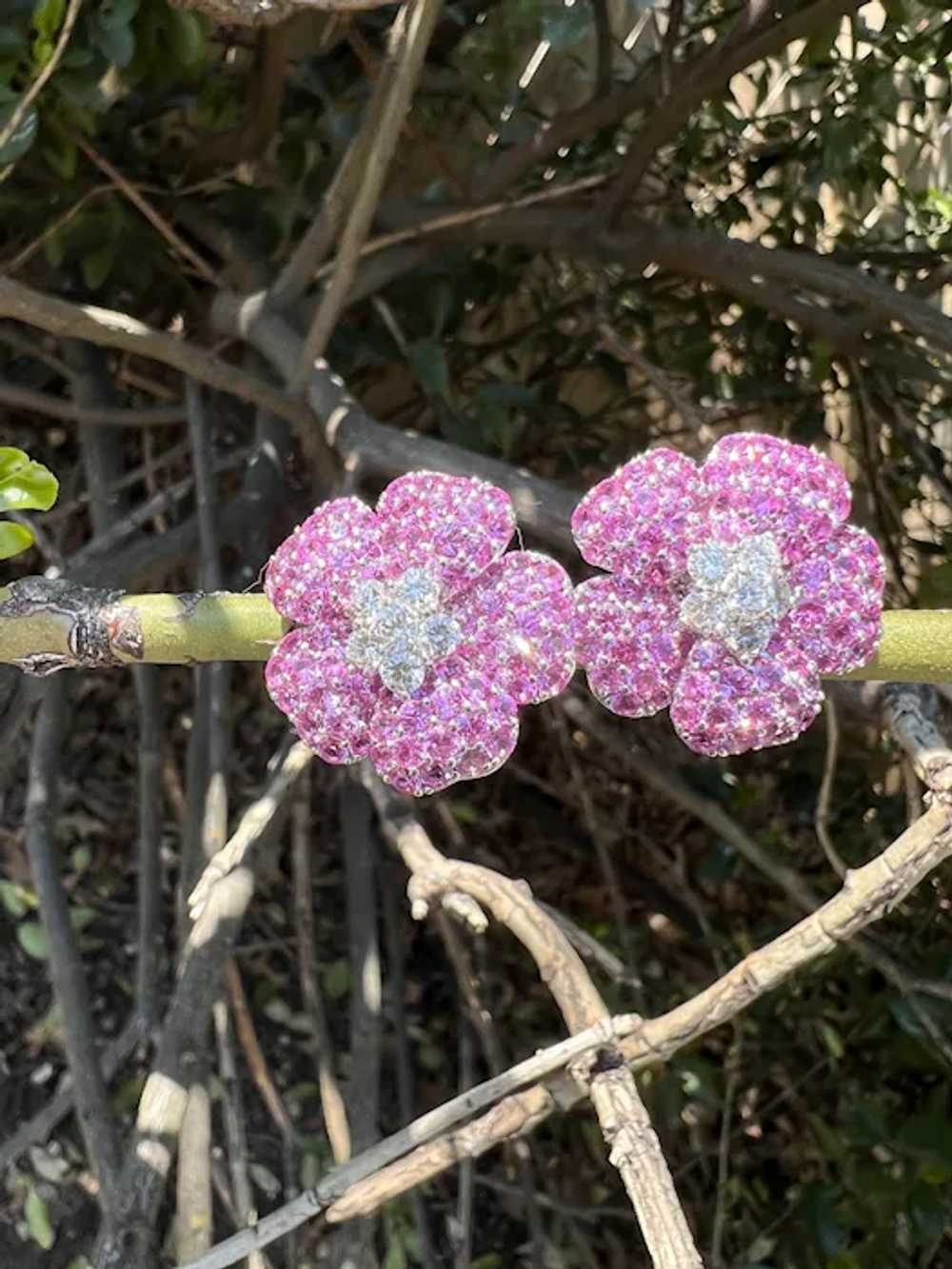 Platinum Pink Sapphire and Diamond Flower Earrings - image 7