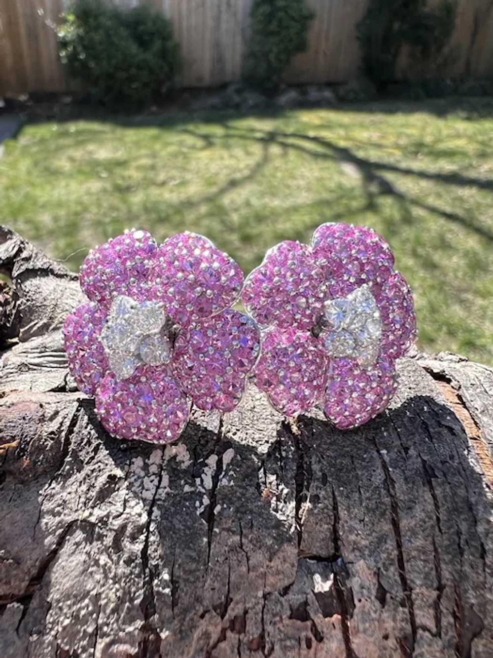 Platinum Pink Sapphire and Diamond Flower Earrings - image 8
