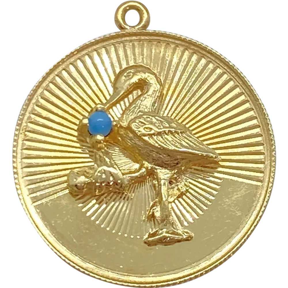 Stork with Baby Vintage Charm 14K Gold Turquoise … - image 1