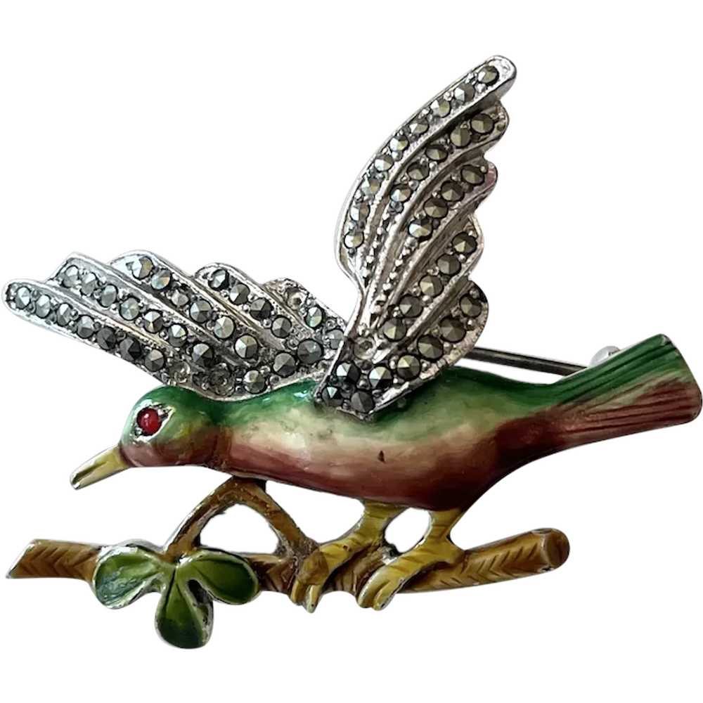 Vintage Enamel Marcasite Stone Bird Brooch Pin - image 1