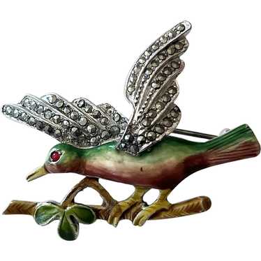 Vintage Enamel Marcasite Stone Bird Brooch Pin - image 1