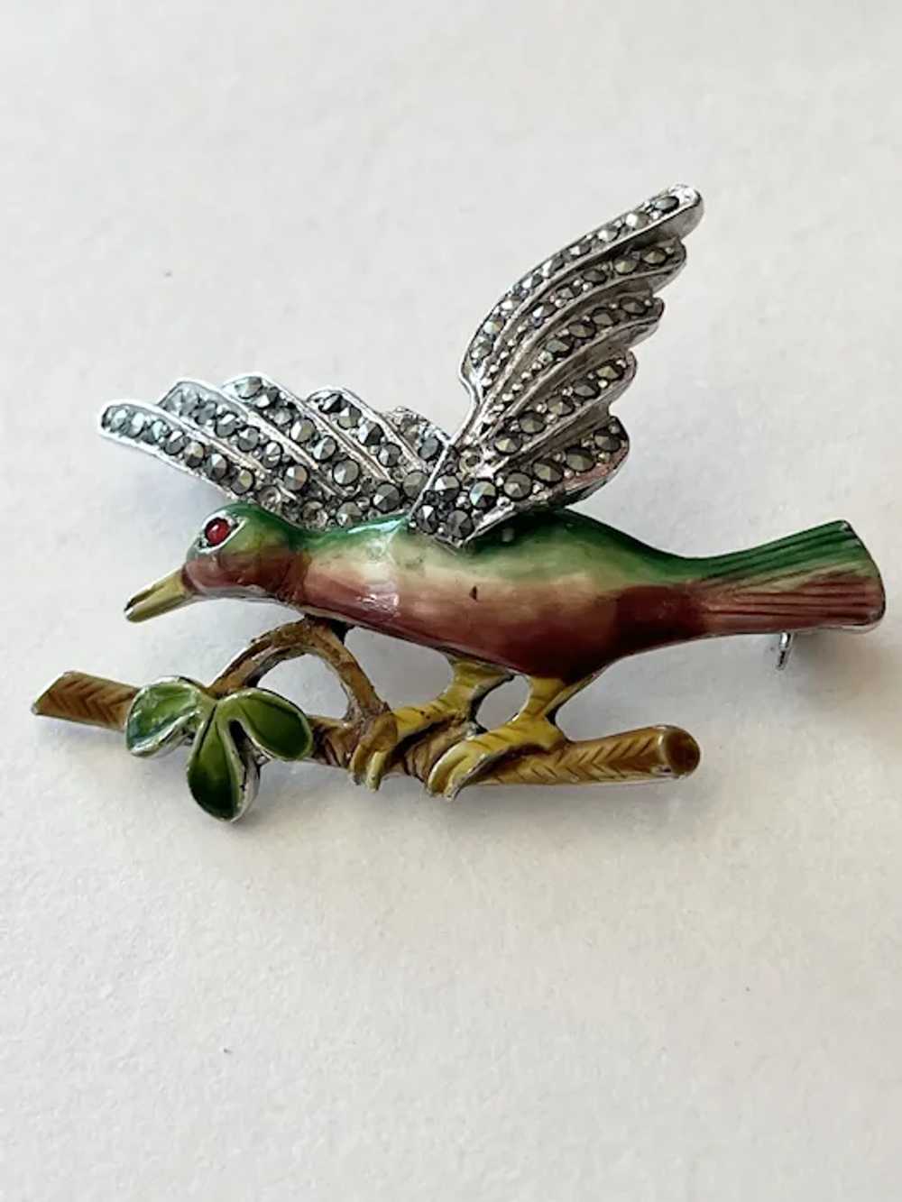 Vintage Enamel Marcasite Stone Bird Brooch Pin - image 2