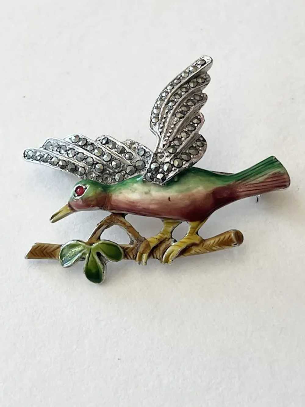 Vintage Enamel Marcasite Stone Bird Brooch Pin - image 3