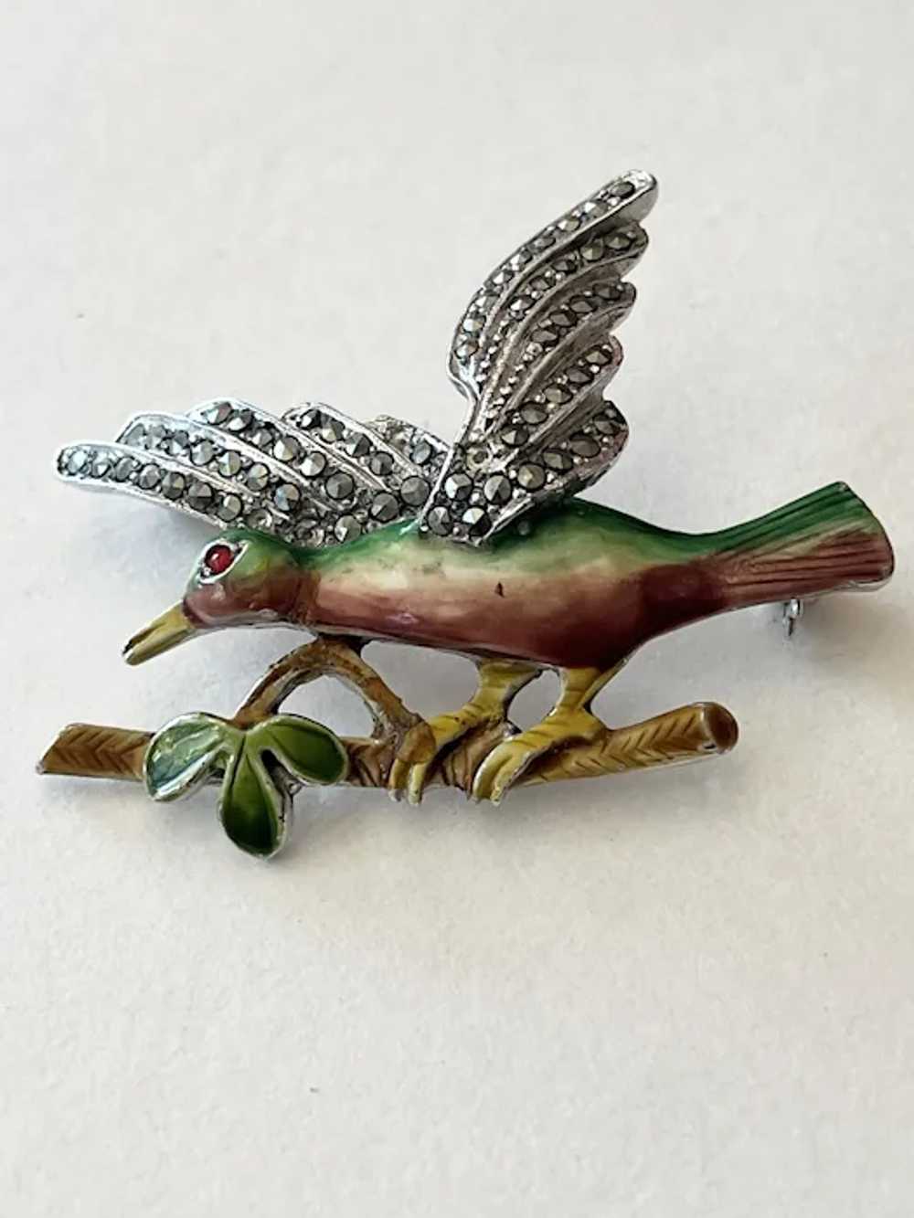 Vintage Enamel Marcasite Stone Bird Brooch Pin - image 4