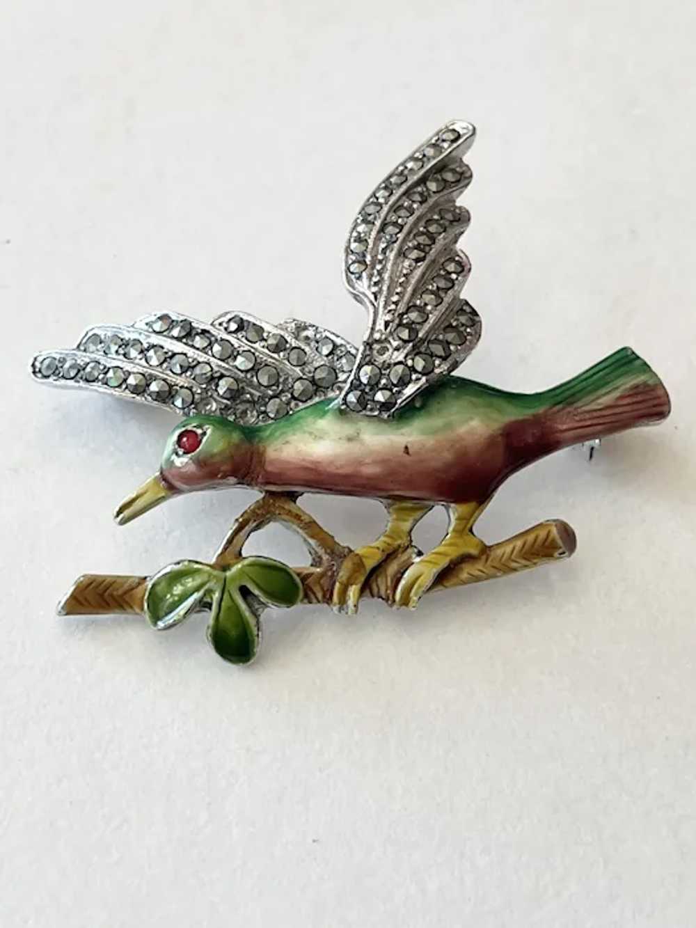 Vintage Enamel Marcasite Stone Bird Brooch Pin - image 5