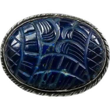 Art Deco Sterling Silver Carved Blue Gemstone Pin… - image 1