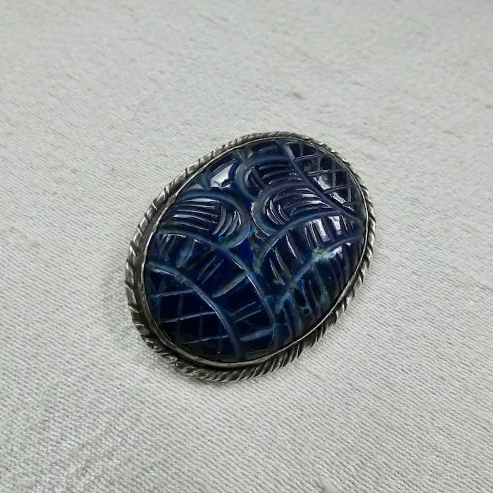 Art Deco Sterling Silver Carved Blue Gemstone Pin… - image 2