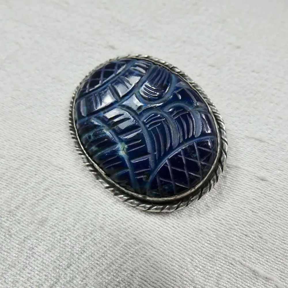 Art Deco Sterling Silver Carved Blue Gemstone Pin… - image 3