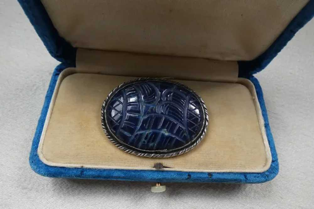 Art Deco Sterling Silver Carved Blue Gemstone Pin… - image 5