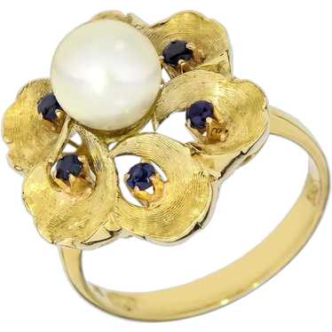 Vintage 18K Yellow Gold Cultured Pearl & Blue Sap… - image 1