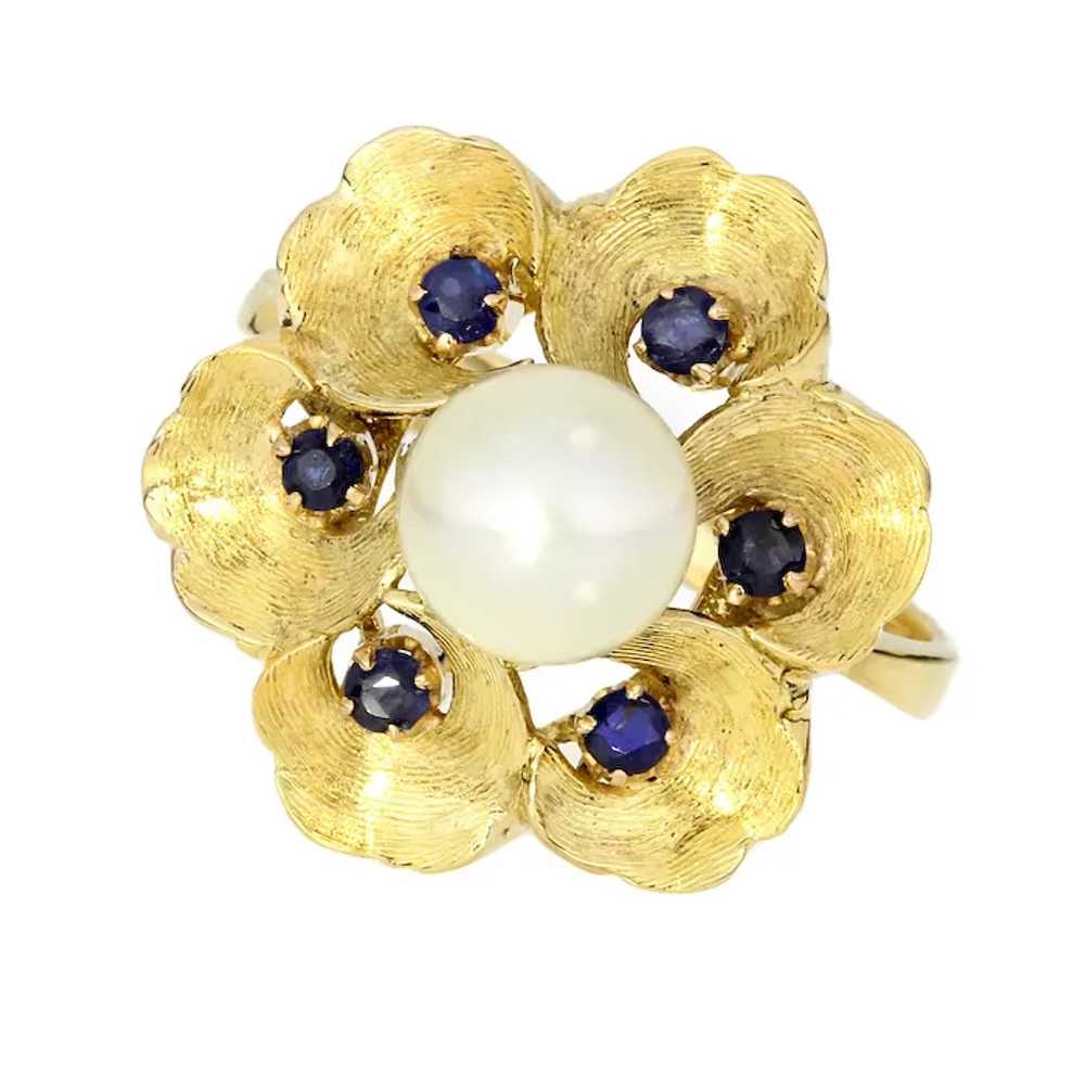Vintage 18K Yellow Gold Cultured Pearl & Blue Sap… - image 3
