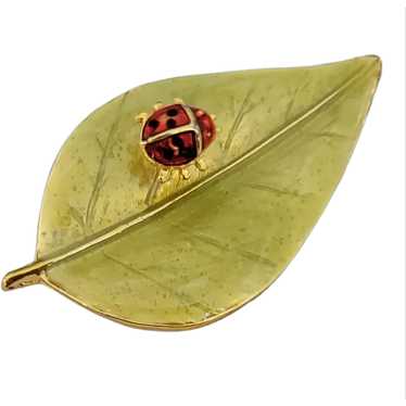 LIA Green Enamel Leaf Ladybug Trembler Brooch Pin,