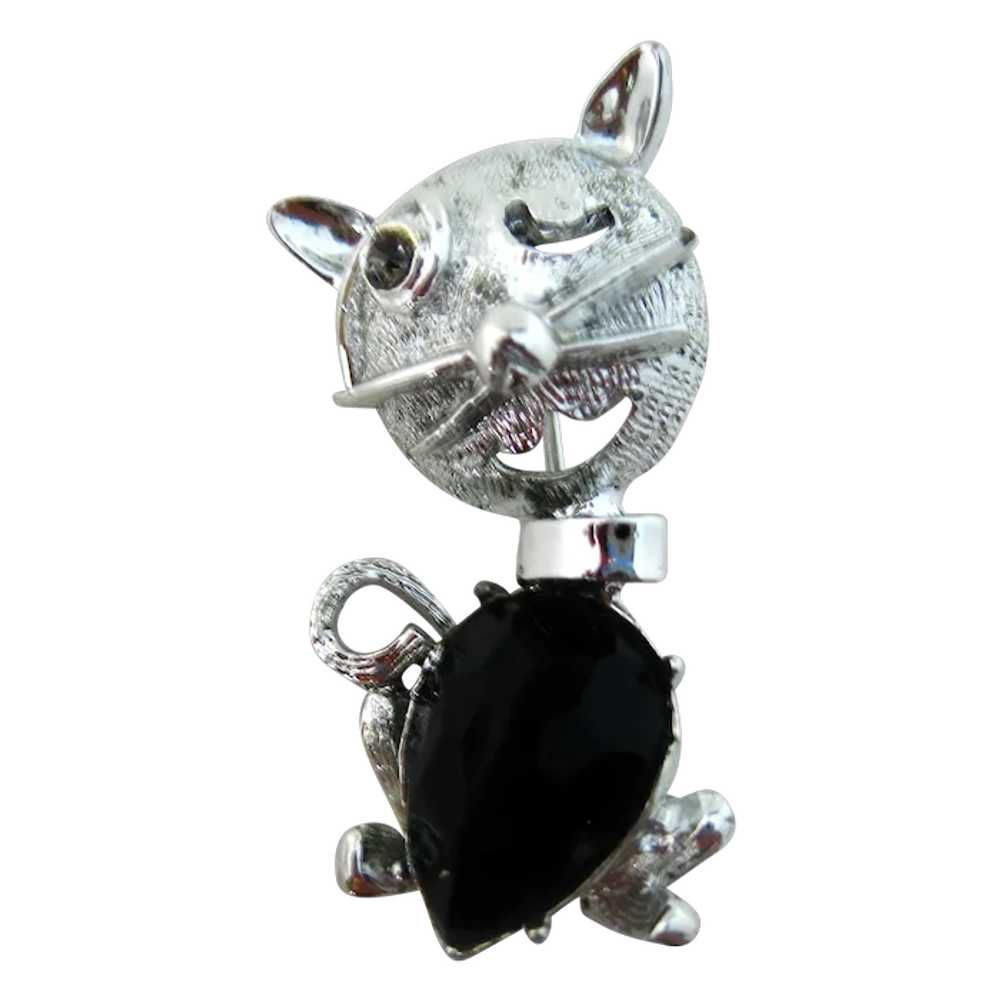 Sophisticated Cat Figural Silver-tone Pin Black J… - image 1