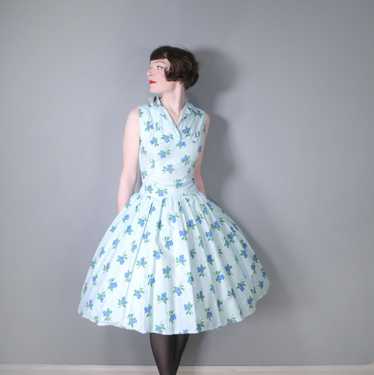 50s PASTEL BLUE FLORAL COTTON DRESS WITH BIG ROSE 