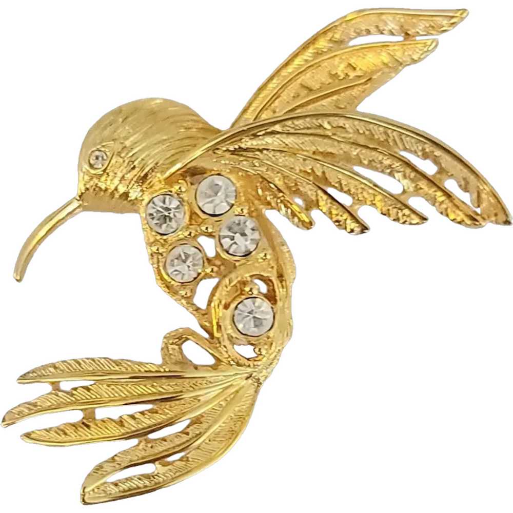 Napier Gold Tone Clear Rhinestone Hummingbird In … - image 1