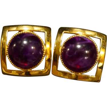 Purple Marbled Cab Circle Square Gold Tone Earrin… - image 1