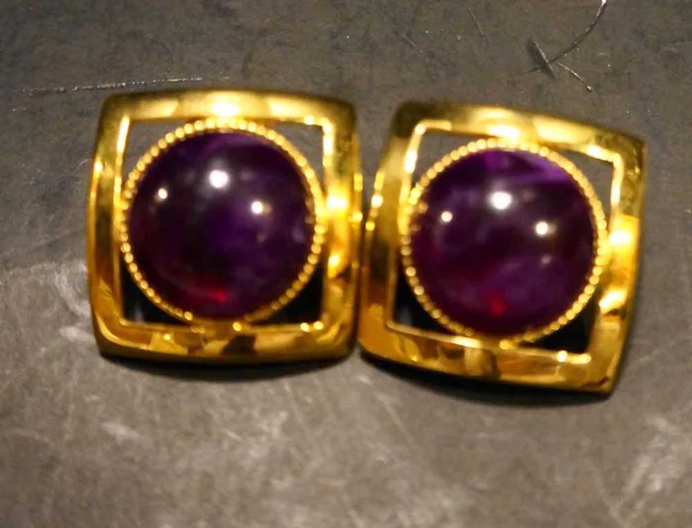 Purple Marbled Cab Circle Square Gold Tone Earrin… - image 3