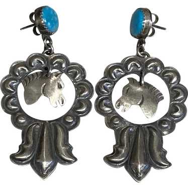 Vintage silver and outlet turquoise horse earrings