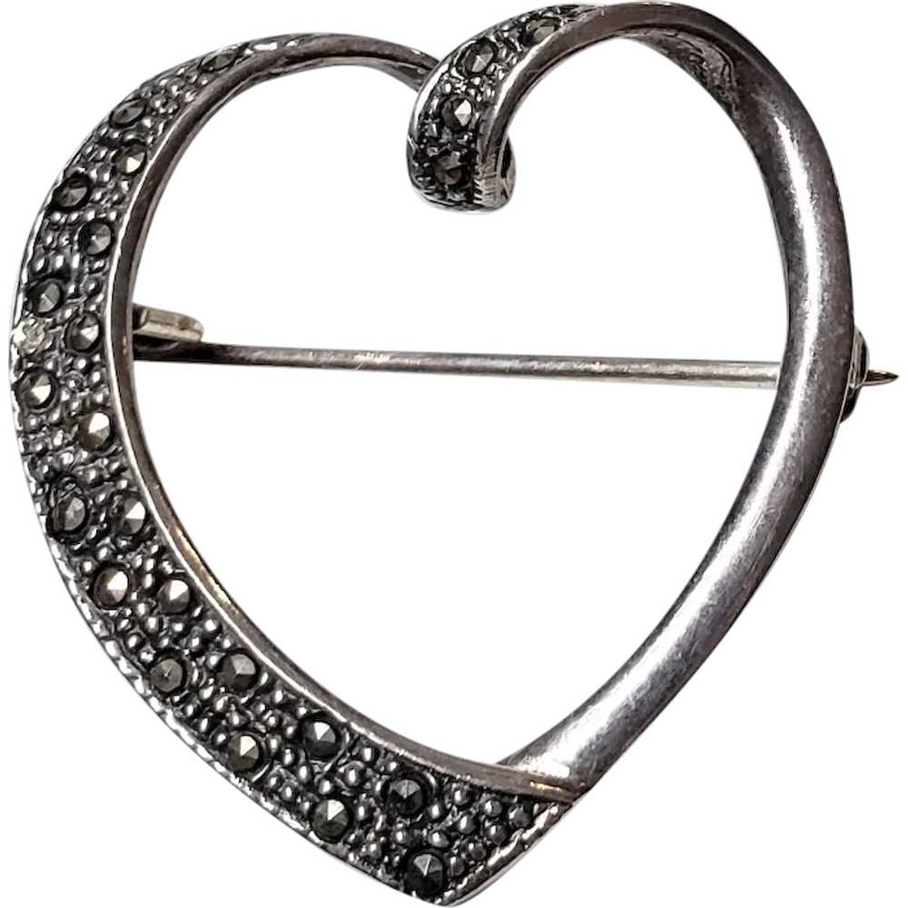 Vintage Sterling Silver Marcasite Heart Pin Brooch - image 1