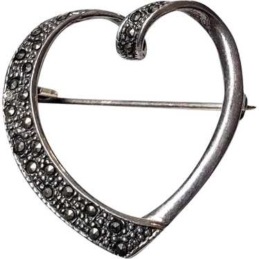 Vintage Sterling Silver Marcasite Heart Pin Brooch - image 1