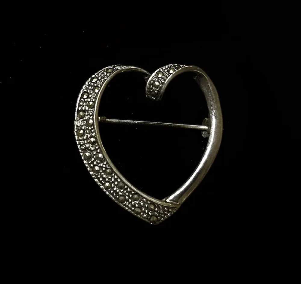 Vintage Sterling Silver Marcasite Heart Pin Brooch - image 2