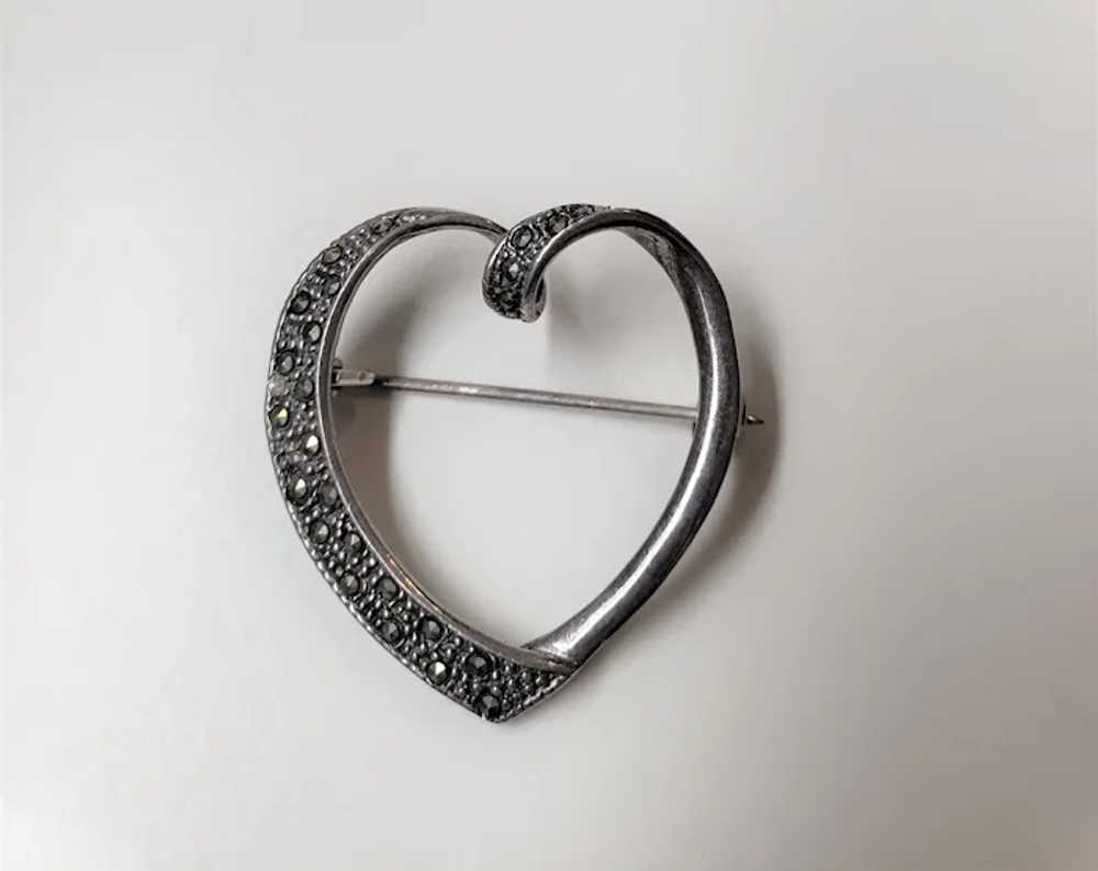 Vintage Sterling Silver Marcasite Heart Pin Brooch - image 3