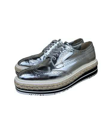 AUTH PRADA metallic silver espadrille jute platform oxford brogue shoes 36