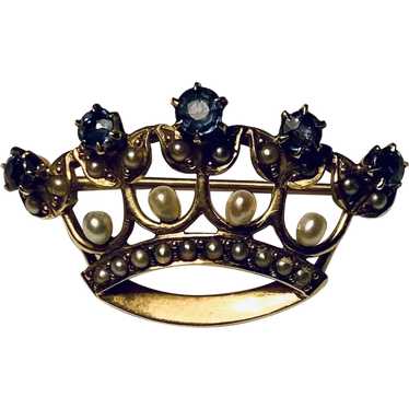 14k Pearl Sapphire Crown Tiara Coronation Brooch - image 1
