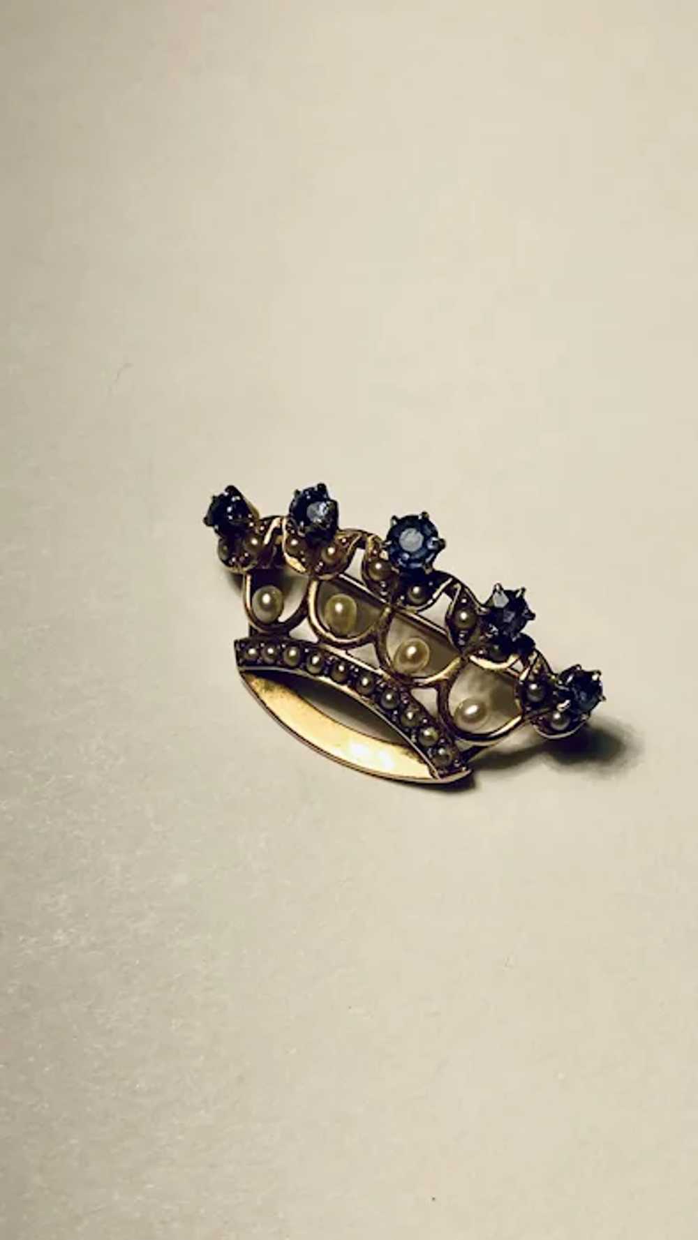14k Pearl Sapphire Crown Tiara Coronation Brooch - image 2