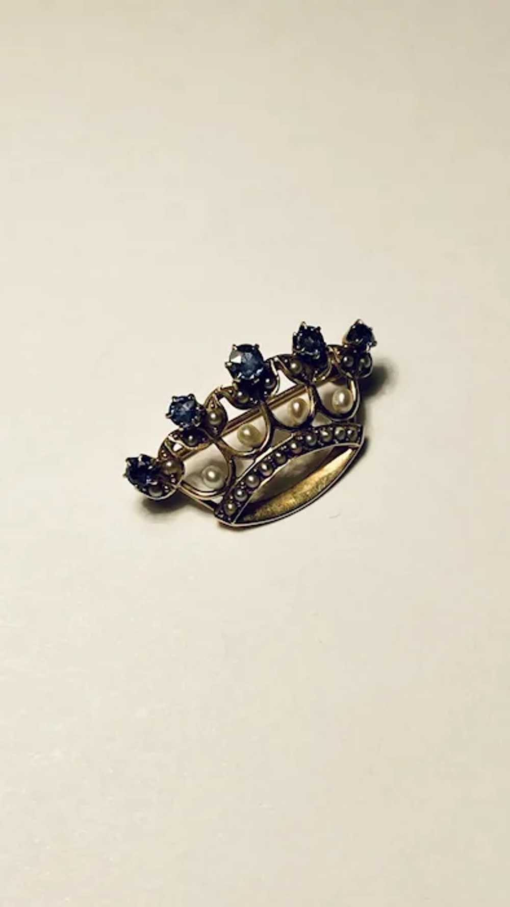 14k Pearl Sapphire Crown Tiara Coronation Brooch - image 3