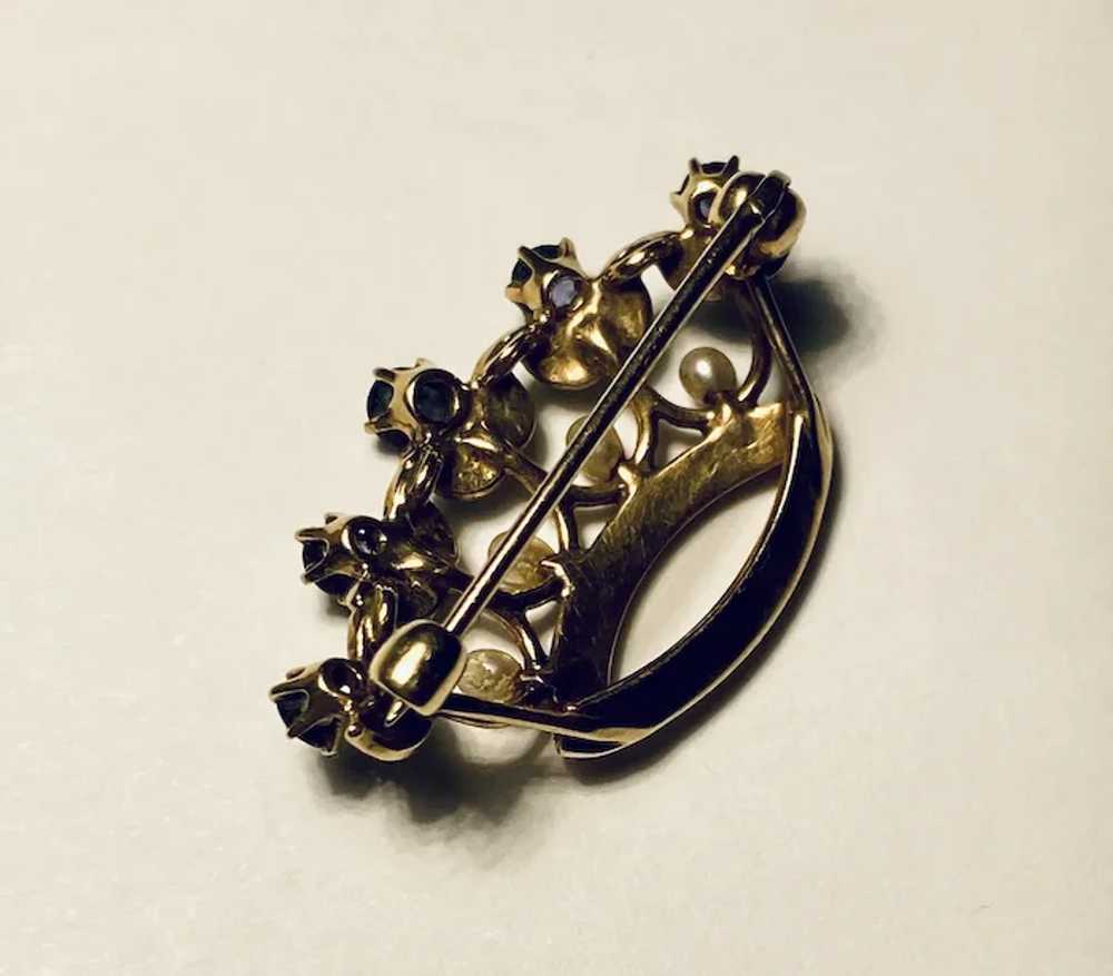 14k Pearl Sapphire Crown Tiara Coronation Brooch - image 5