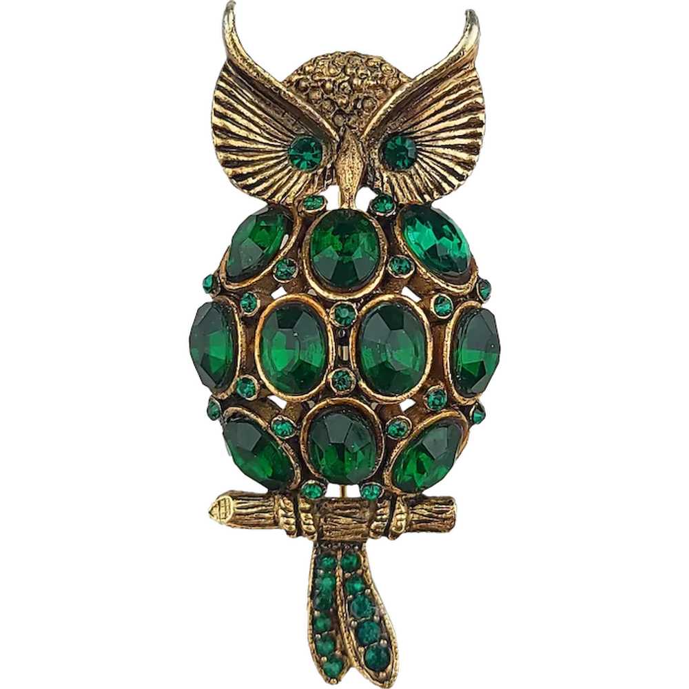 Pauline Rader Owl Brooch ~ Hard To Find ~ Green R… - image 1