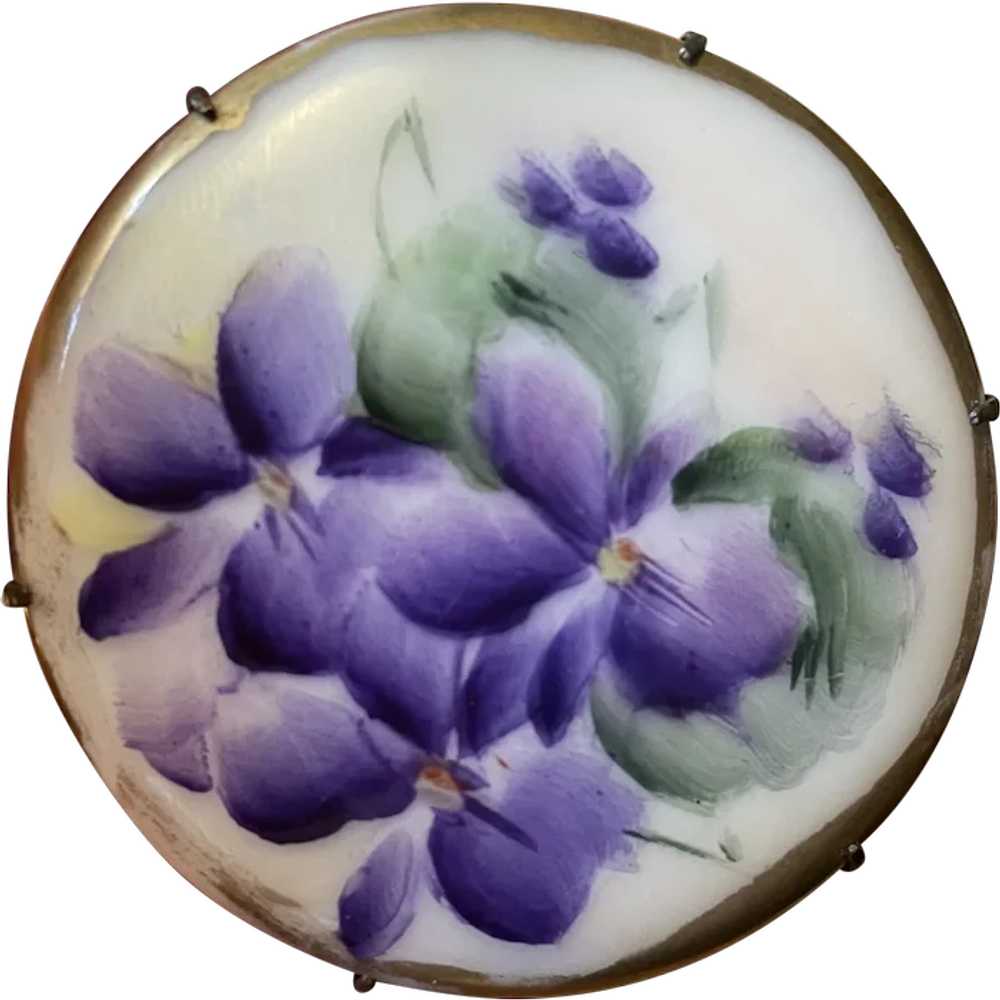 Large Porcelain Hand Painted Violets Pin - image 1