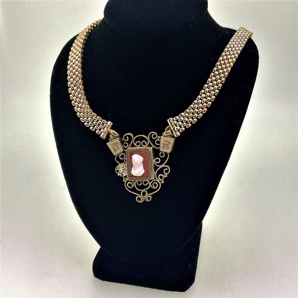 Gold Filled Vintage Red/White Cameo Necklace - image 2