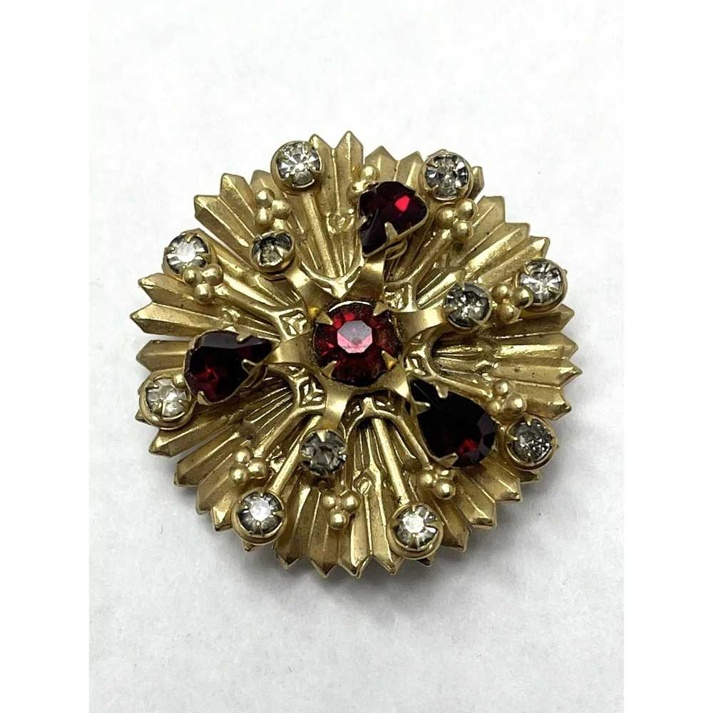 Vintage Vintage Red Rhinestone Flower Brooch Pin - image 1