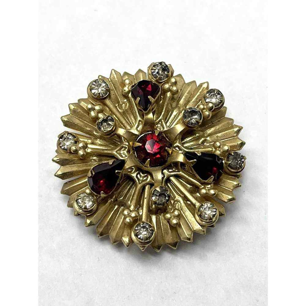 Vintage Vintage Red Rhinestone Flower Brooch Pin - image 2