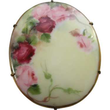 Antique Hand Painting on Porcelain Pin Pink Roses