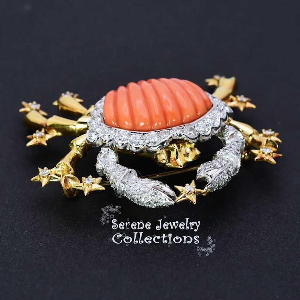 Large Carved Coral Diamond Crab 18k Yellow White … - image 11