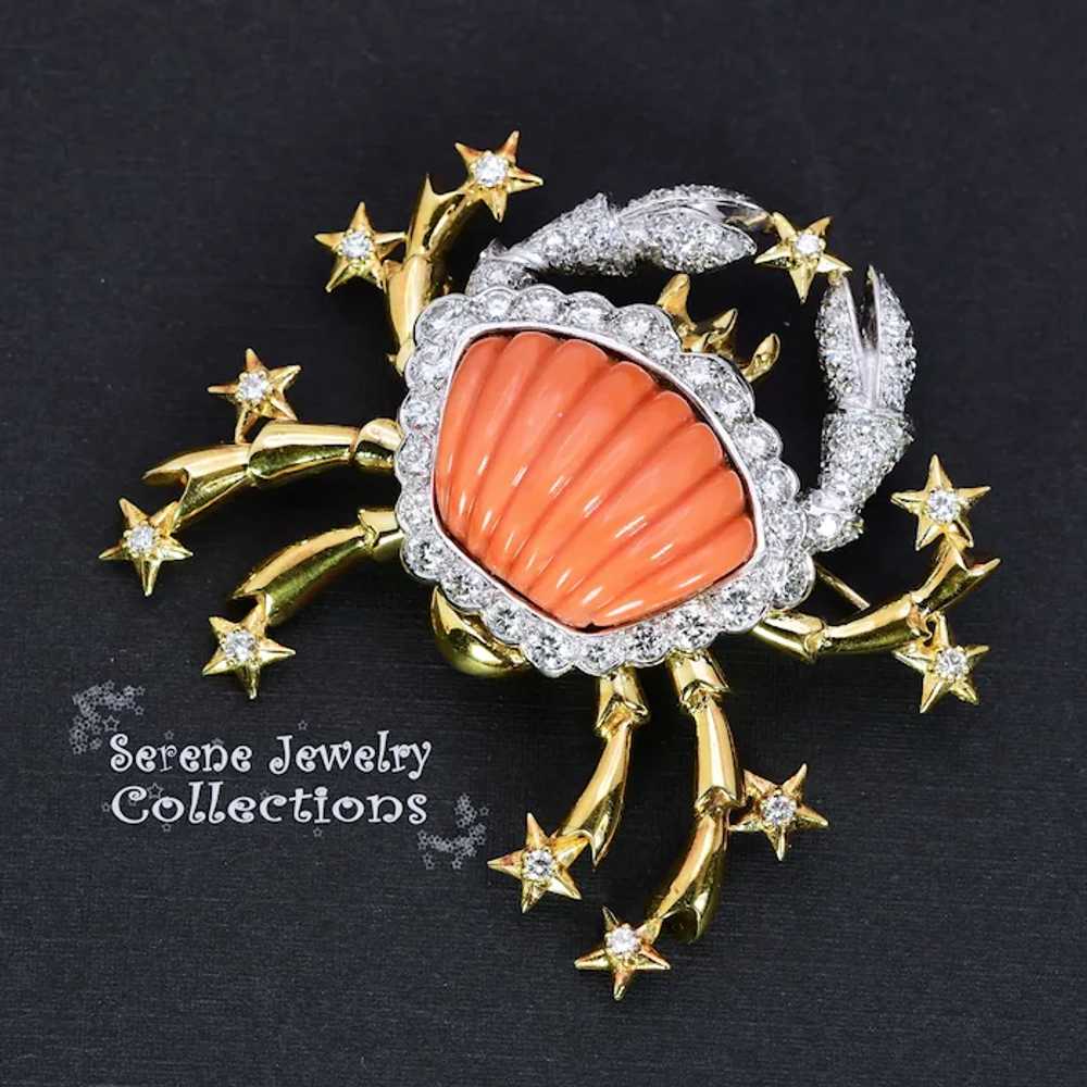 Large Carved Coral Diamond Crab 18k Yellow White … - image 12