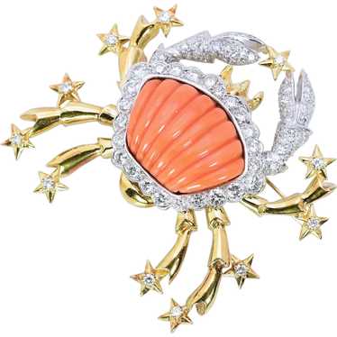 Large Carved Coral Diamond Crab 18k Yellow White … - image 1