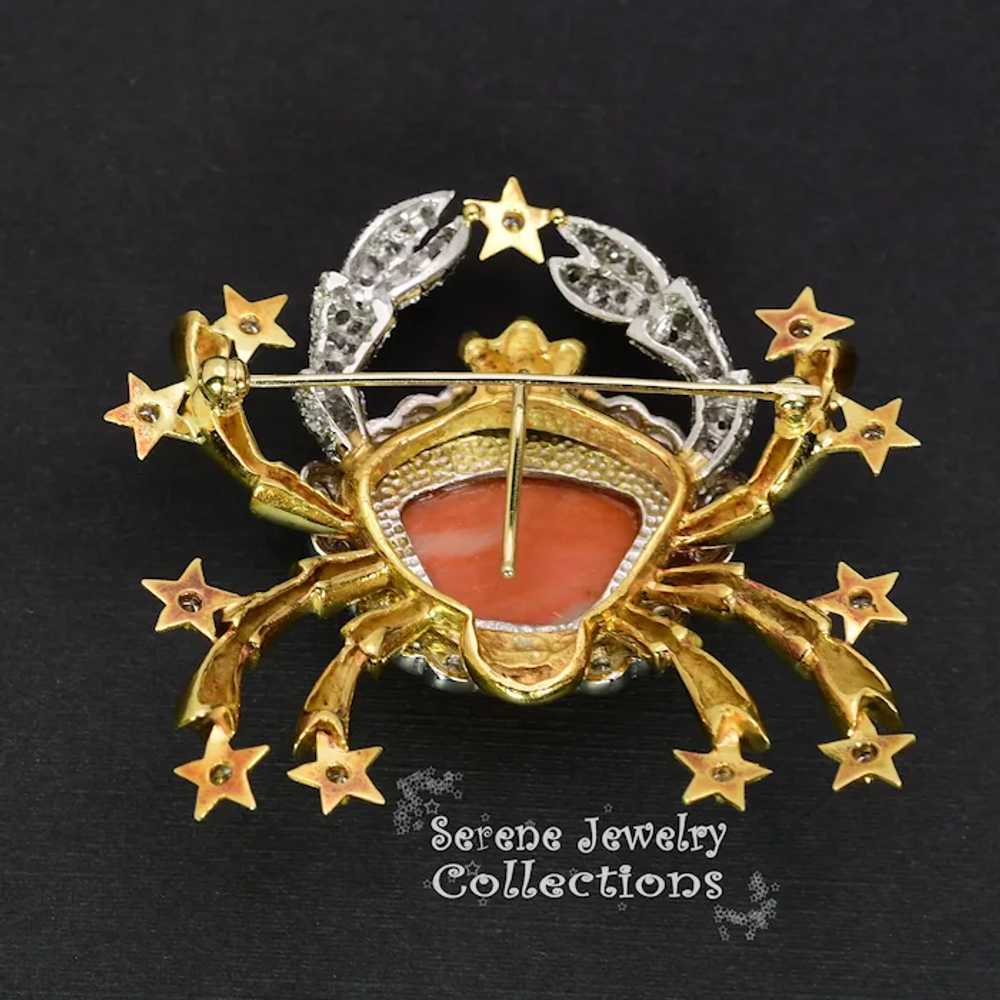 Large Carved Coral Diamond Crab 18k Yellow White … - image 3