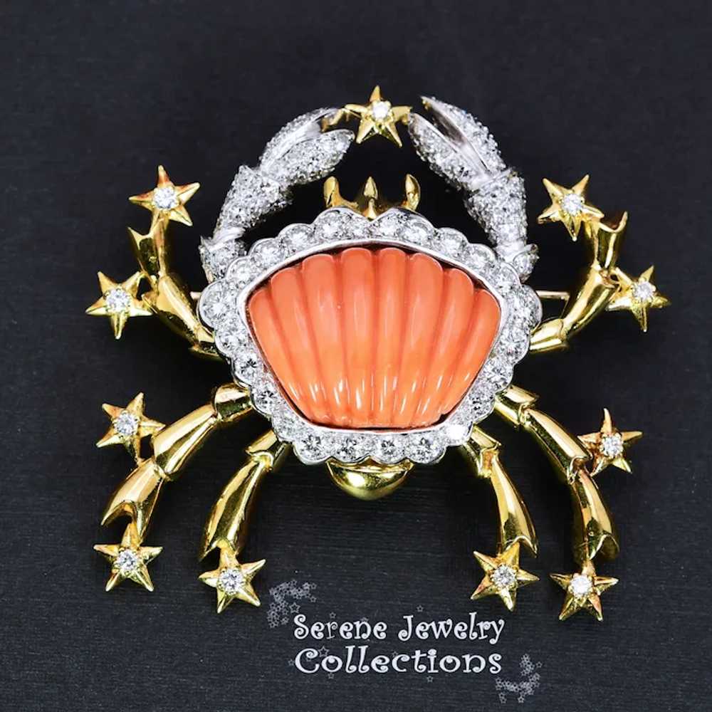 Large Carved Coral Diamond Crab 18k Yellow White … - image 4