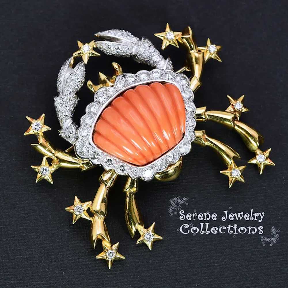 Large Carved Coral Diamond Crab 18k Yellow White … - image 5