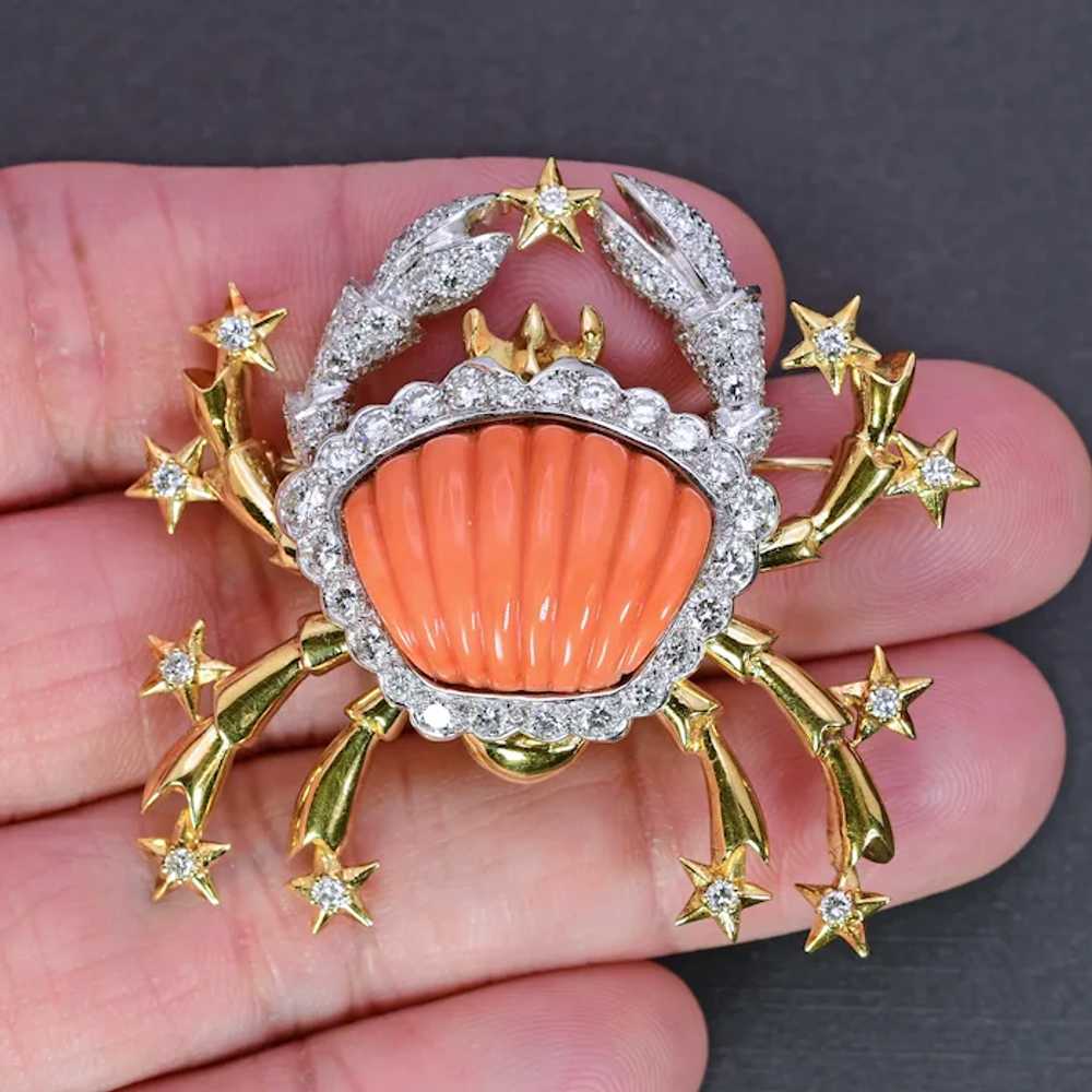 Large Carved Coral Diamond Crab 18k Yellow White … - image 6