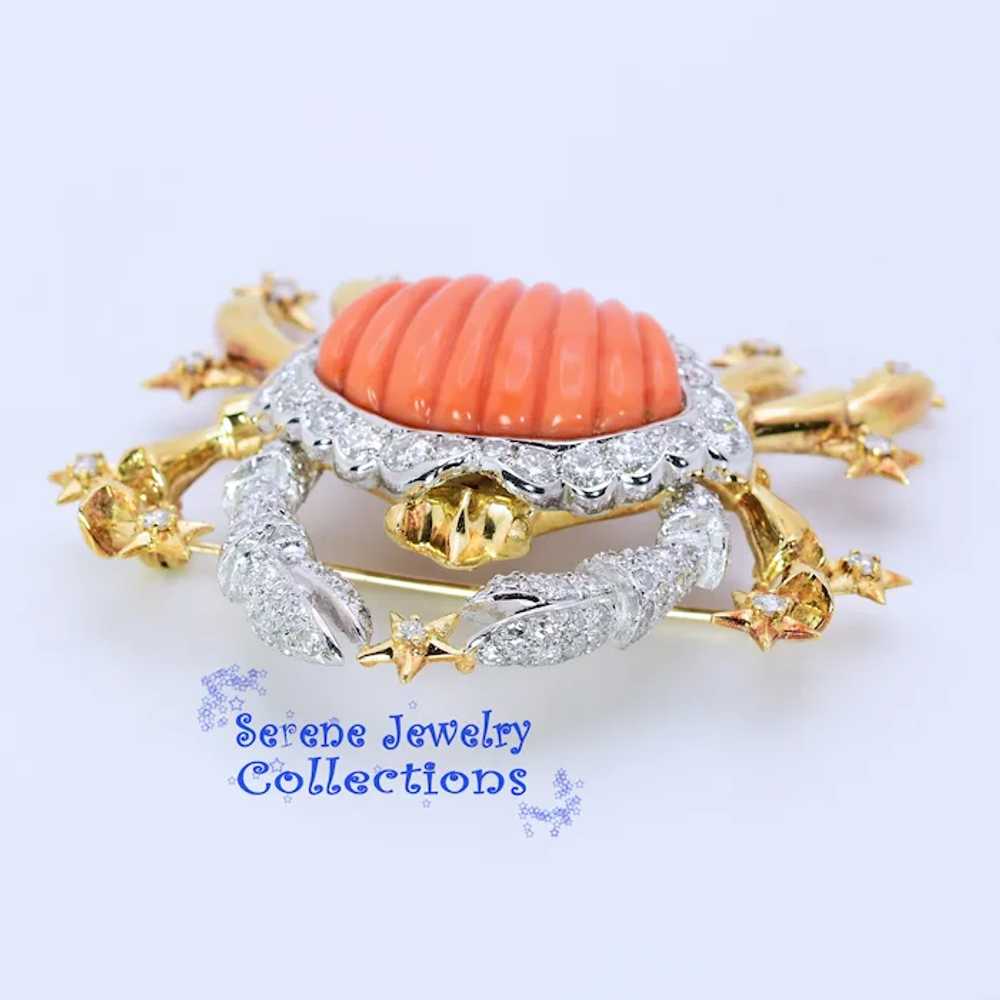 Large Carved Coral Diamond Crab 18k Yellow White … - image 8